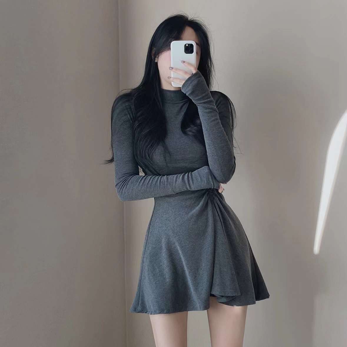 ミニワンピース シンプル無地 超ミニ丈 タイトニットワンピ 韓国風