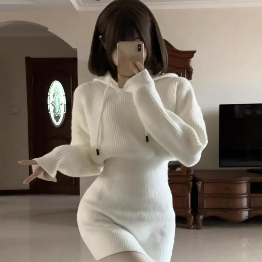 フード付きリブニットミニワンピース