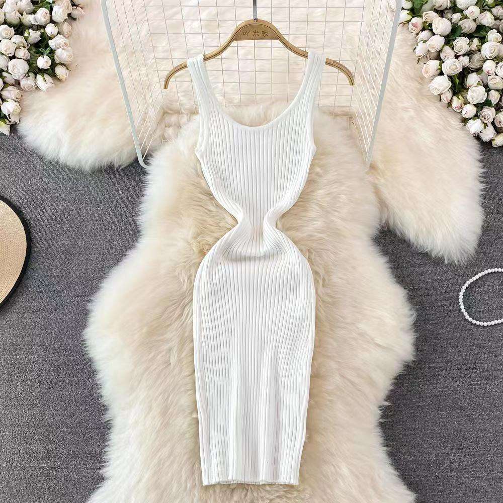 リブニット素材 タイトニットミニワンピース 夏用