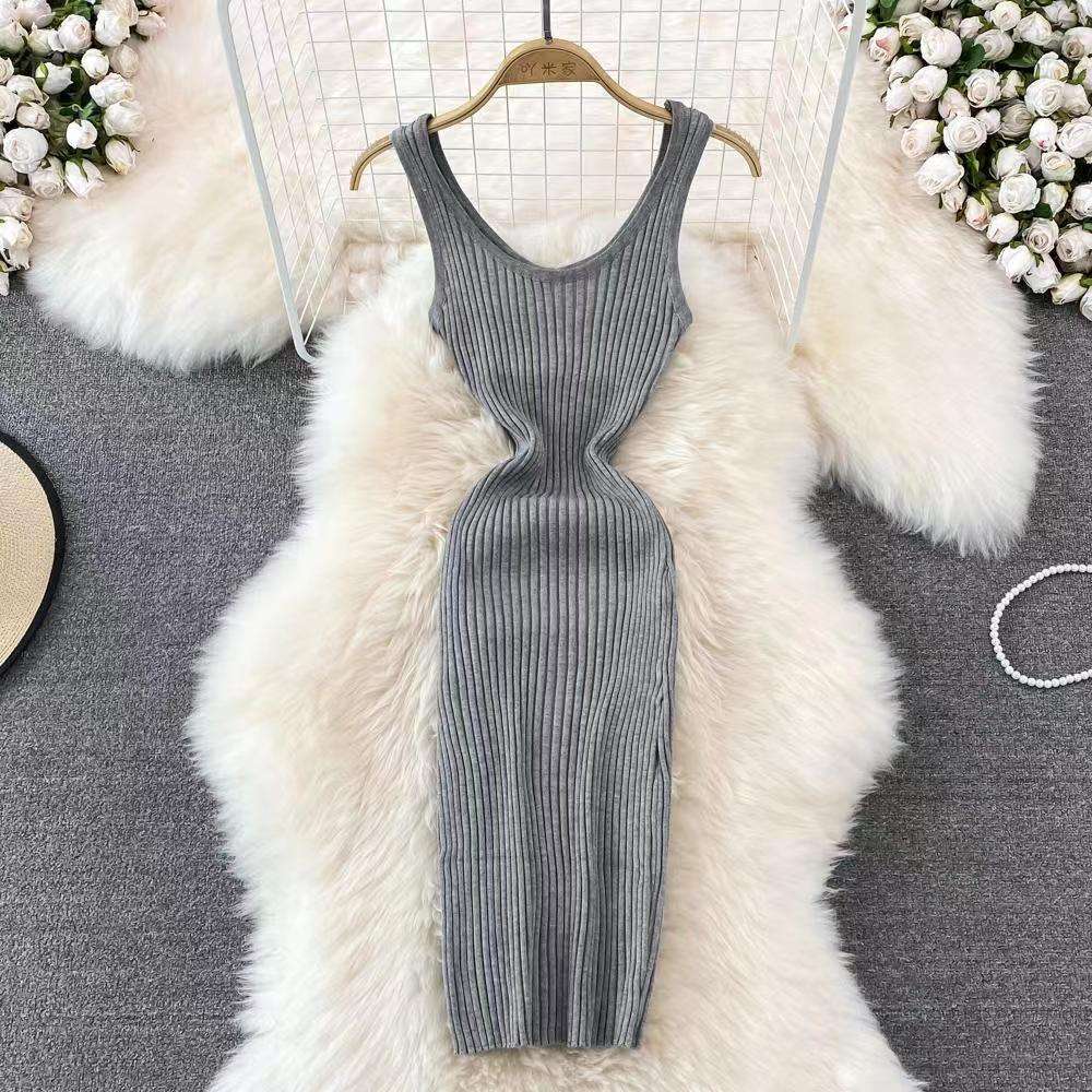 リブニット素材 タイトニットミニワンピース 夏用