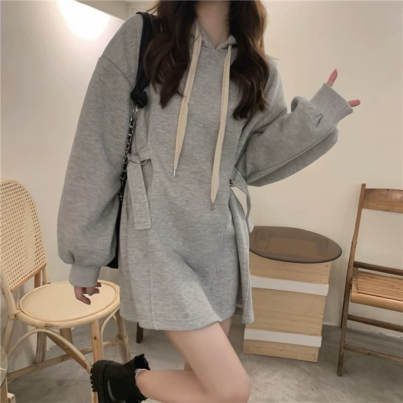 ミニワンピース 秋冬レトロ風ゆったり長袖パーカーワンピース