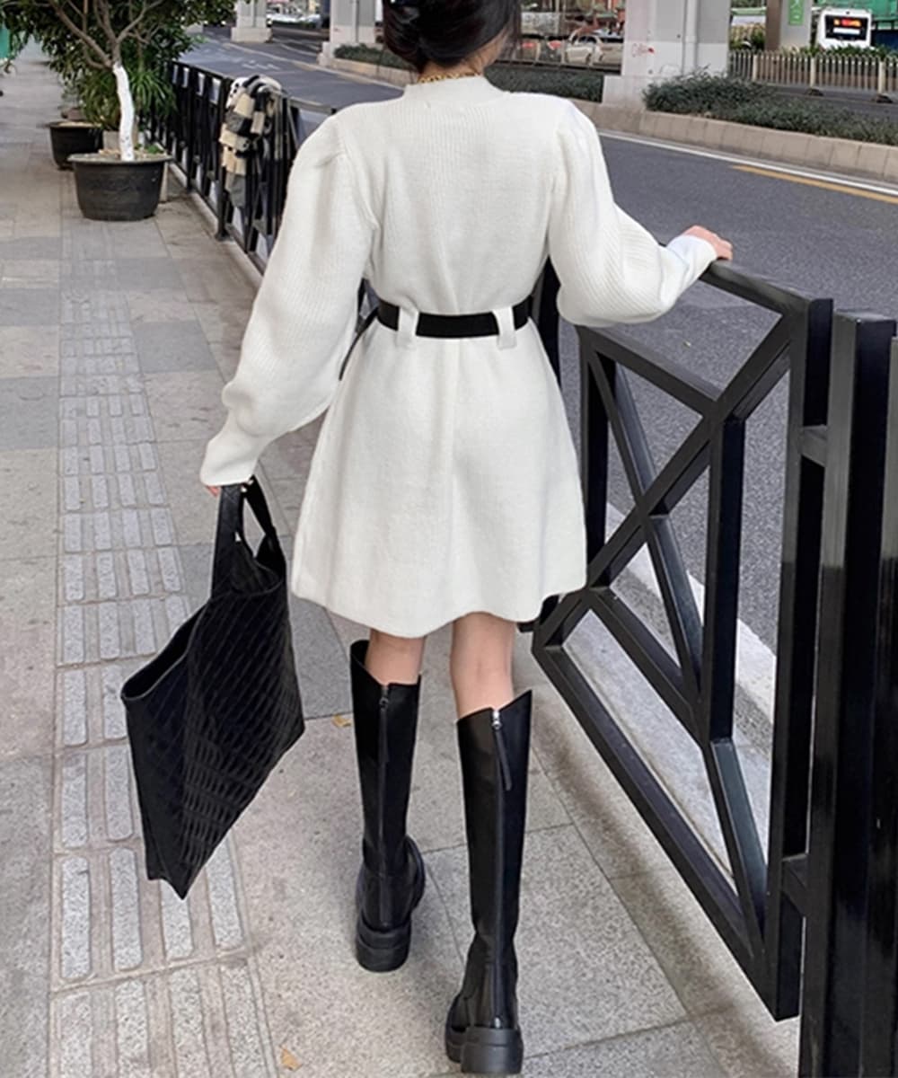 ベルト付きリブニットミニワンピース
