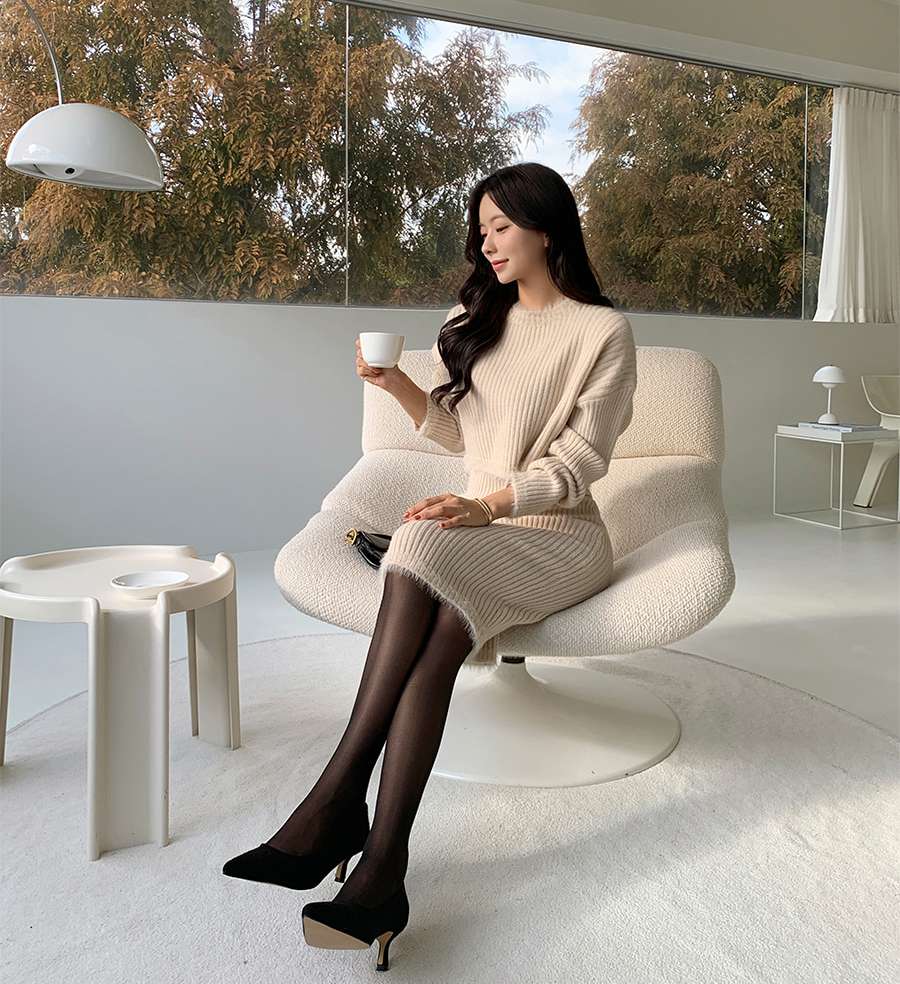 ミニワンピース リブ編みセットアップニットワンピース