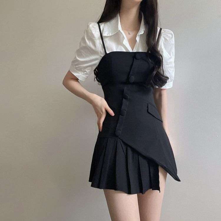 ミニワンピース アシンメトリープリーツキャミワンピース