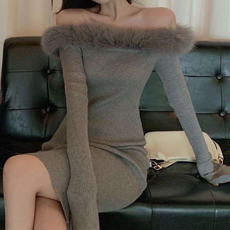 ファー付きリブニットミニワンピース