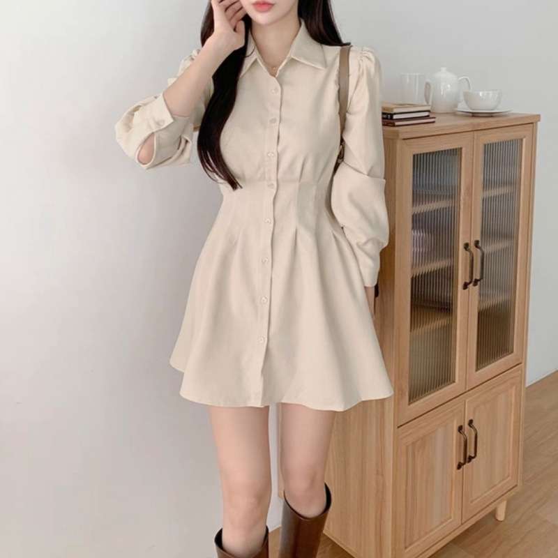 ミニワンピース ウエストタック長袖シャツワンピ