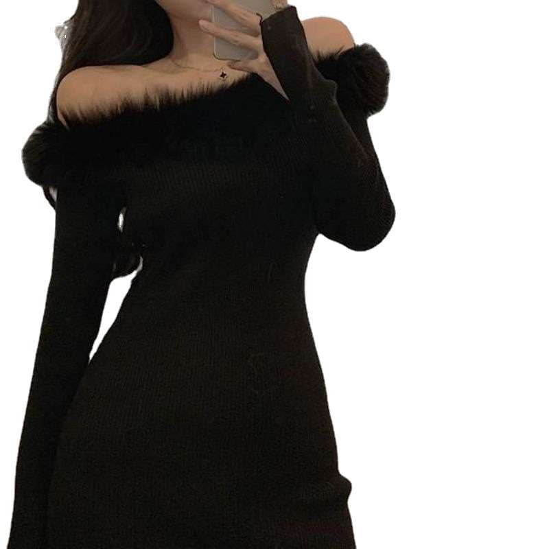 ファー付きリブニットミニワンピース