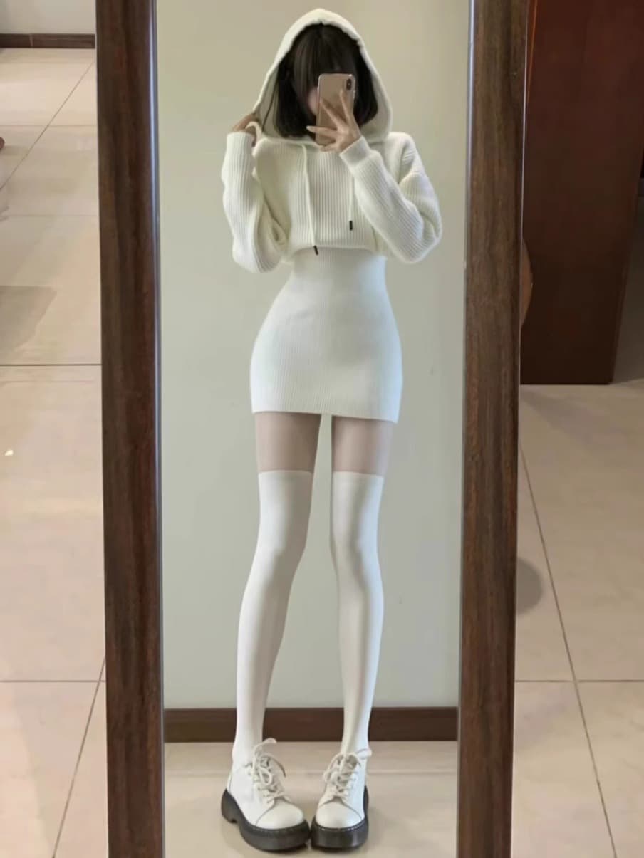 フード付きリブニットミニワンピース