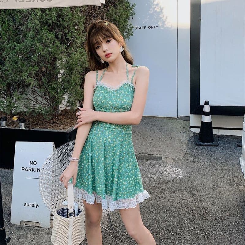 ミニワンピース レースチュール重ねミニキャミワンピース