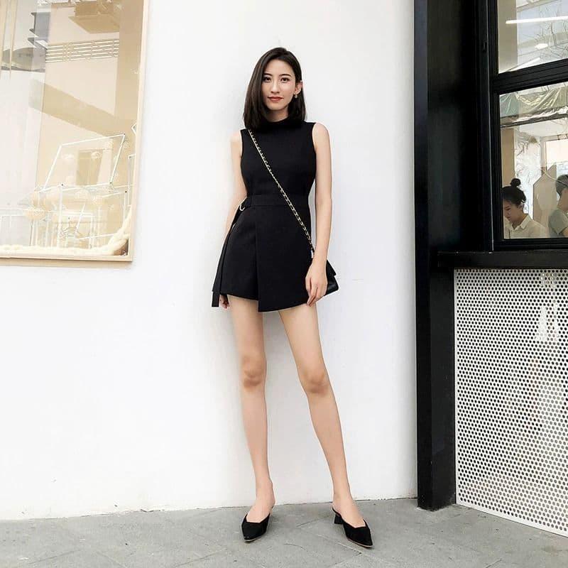 ミニワンピース ハイネック ベルト付き ノースリーブミニワンピース