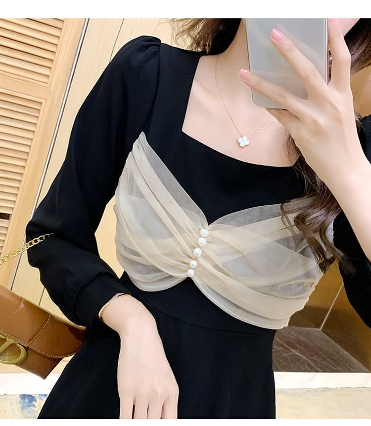 胸元チュールリボンフレアミニワンピース