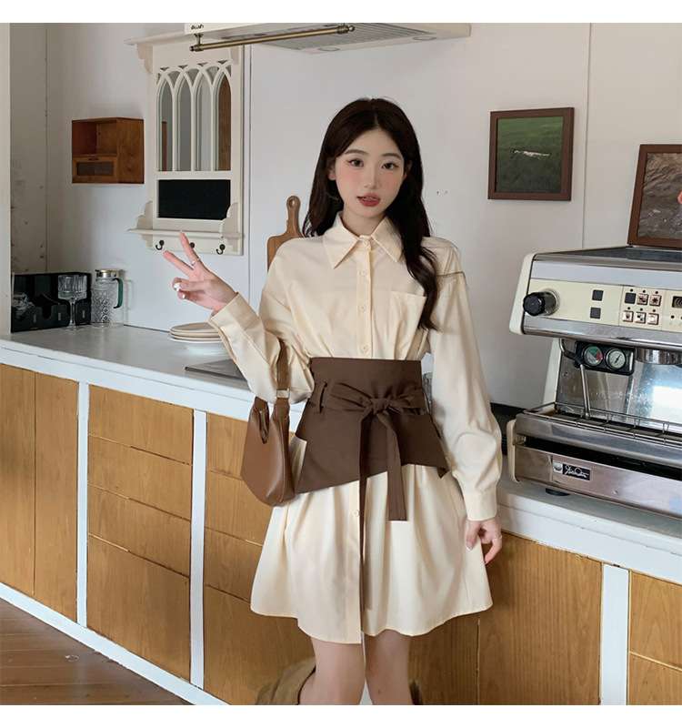ミニワンピース レトロ風リボン付きシャツワンピース