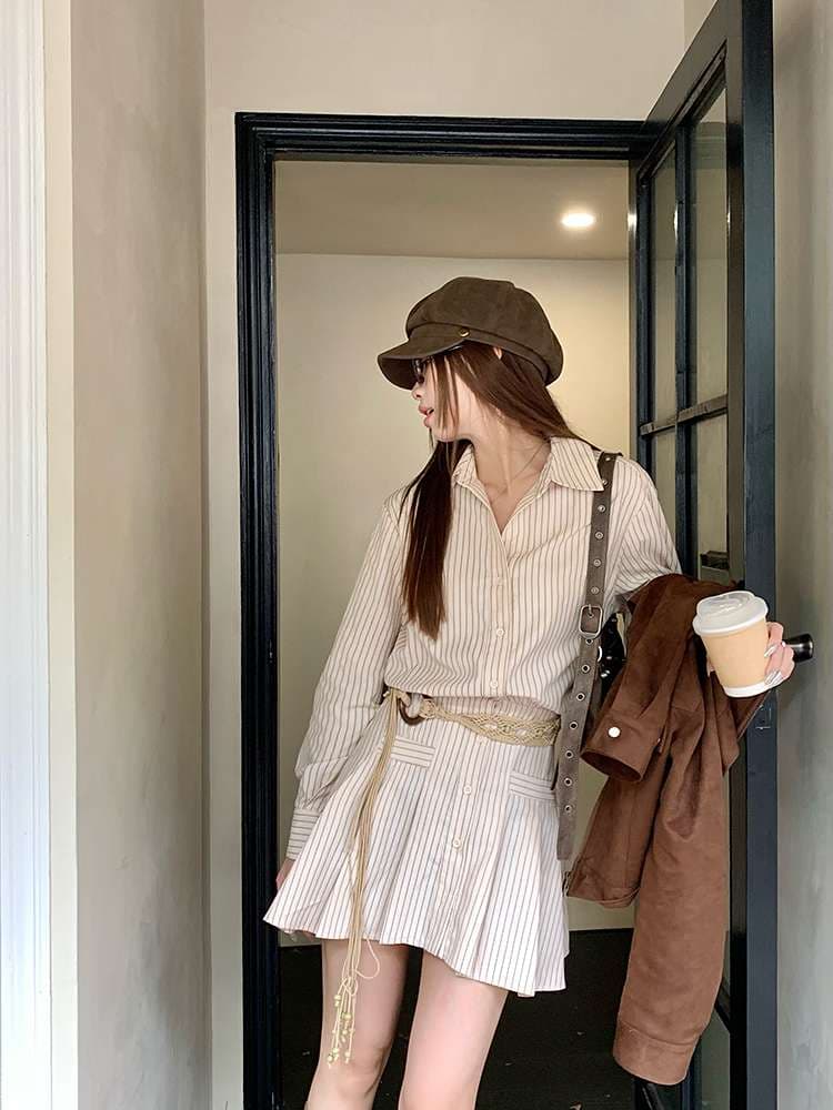 ストライプ柄ミニシャツワンピース