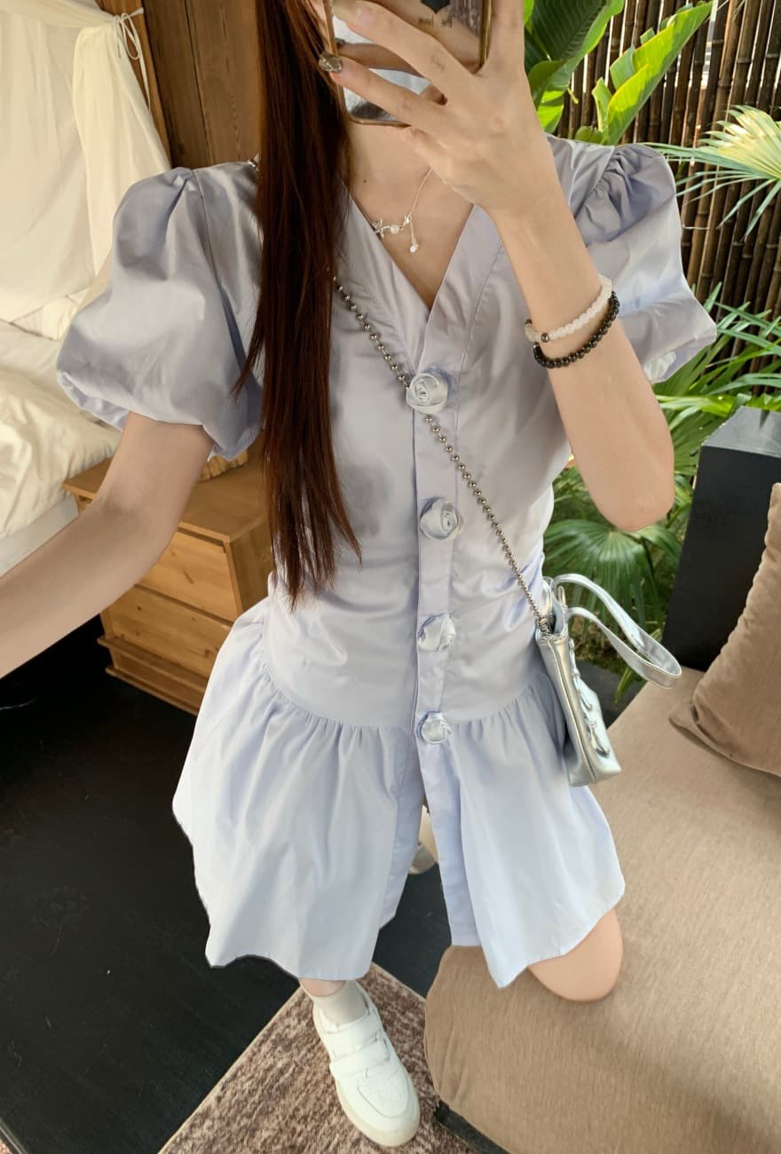 ミニワンピース ぽわん袖フロントボタンシャツミニワンピース