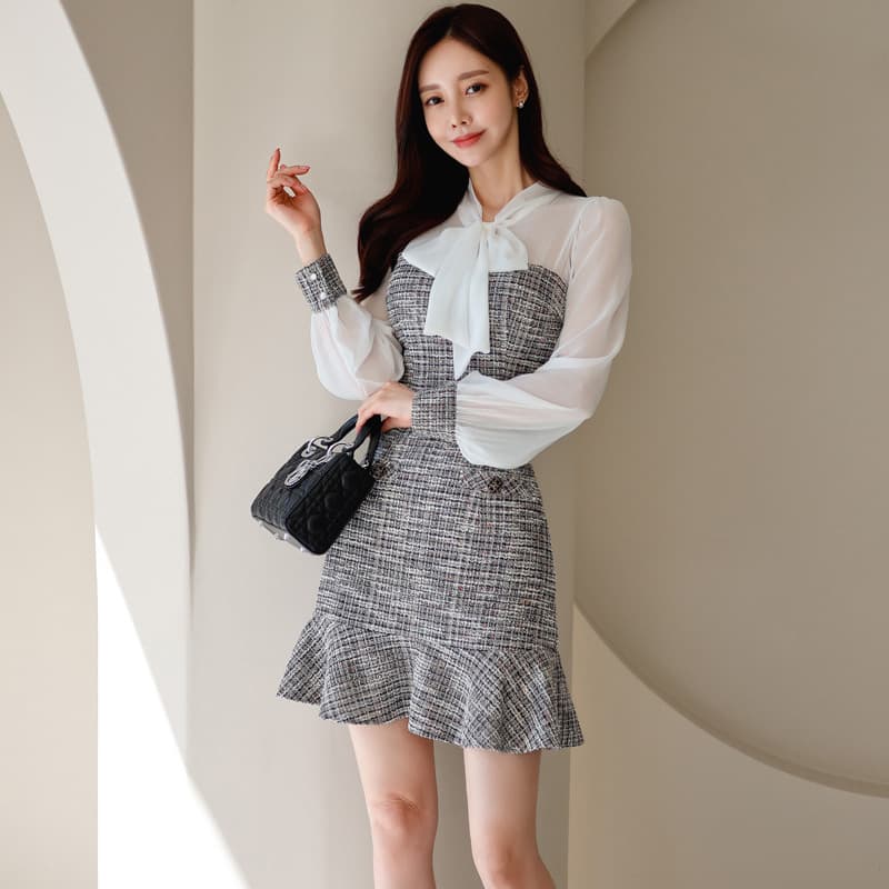 ミニワンピース シフォン袖リボンツイード