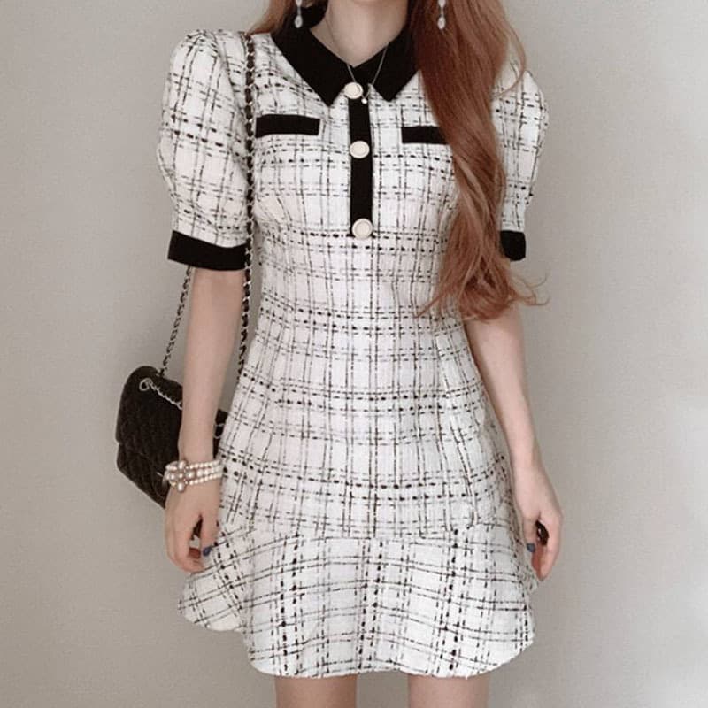 韓国風 モダンレトロ襟付きツイードミニワンピース 参戦服