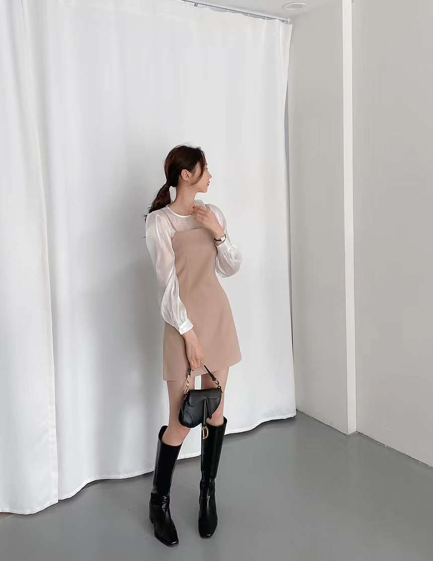 透け感シアーブラウス×レイヤードキャミワンピース セット
