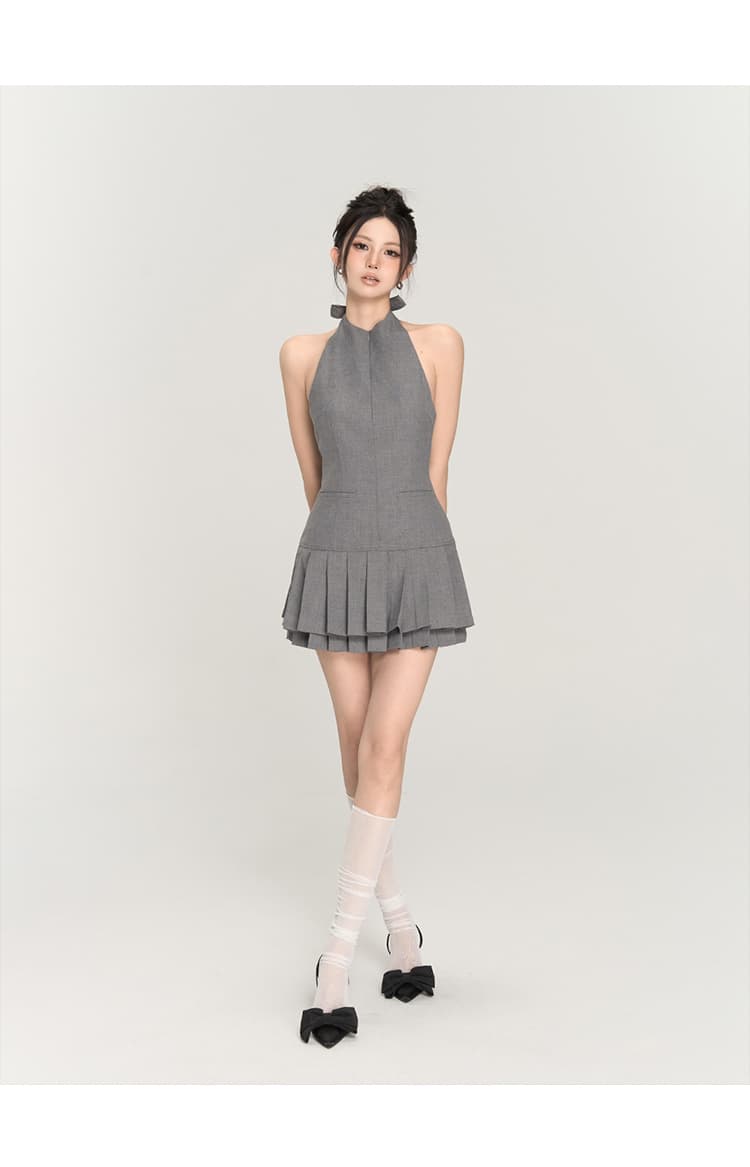 ホルターネックプリーツ フレアミニワンピース
