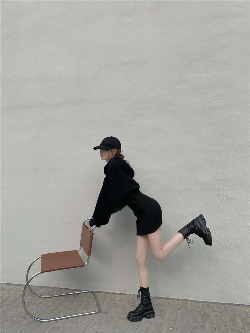 シンプルリブ切替パーカーミニワンピース