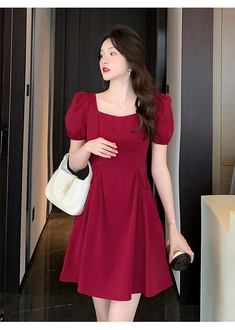 ミニワンピース パフスリーブフレアワンピ
