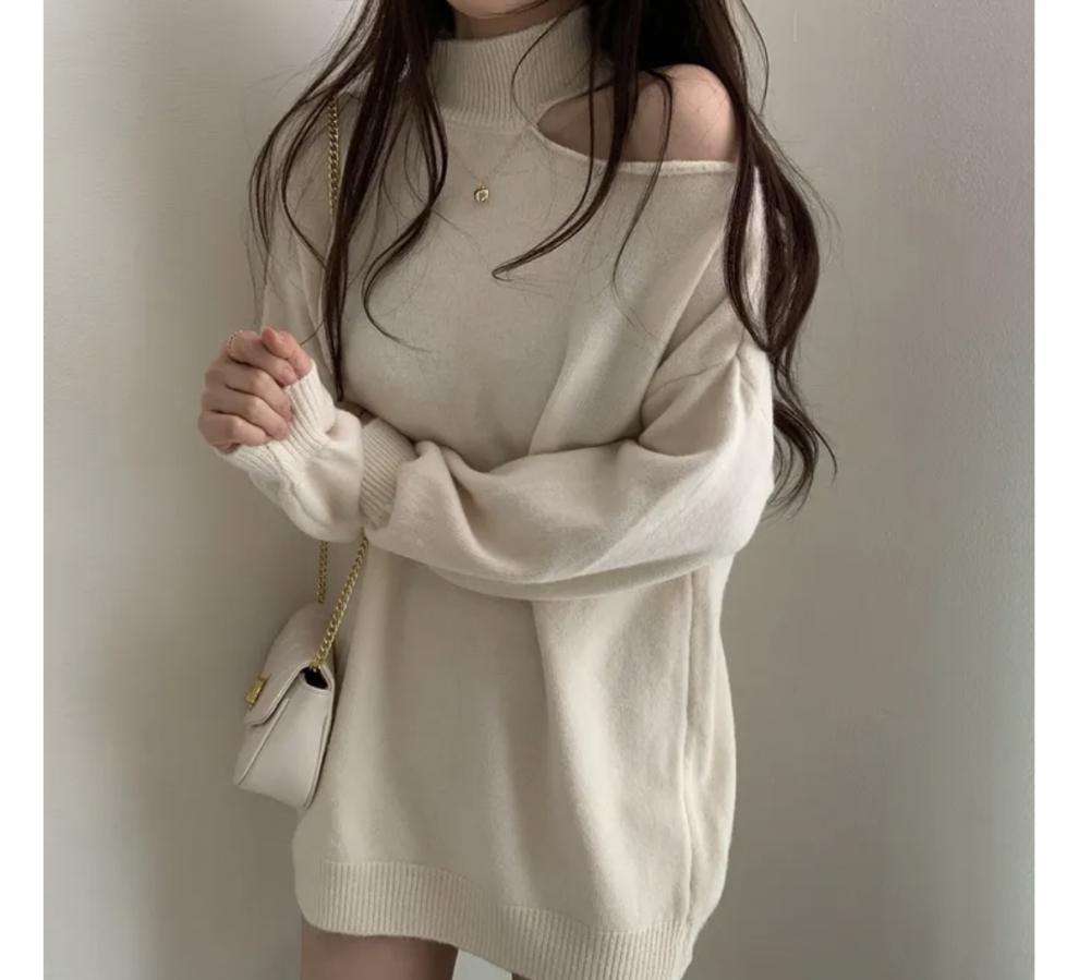 【秋冬】ミニワンピース オフショルダー風ニットワンピース