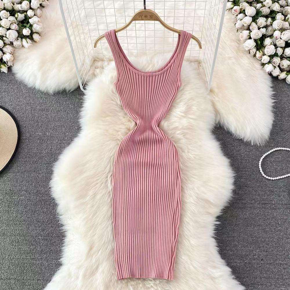 リブニット素材 タイトニットミニワンピース 夏用