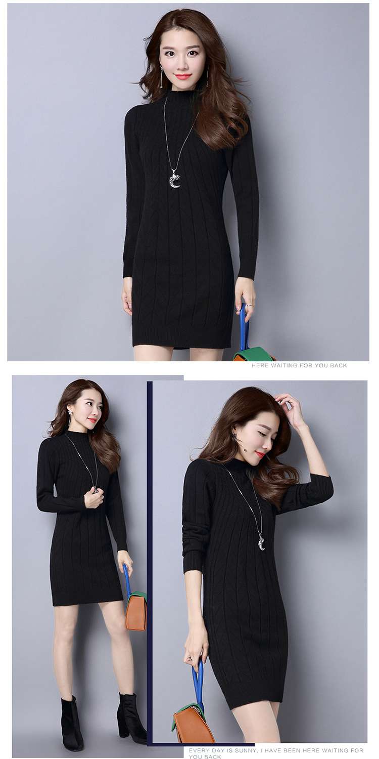 タートルネックリブ編みニットミニワンピース