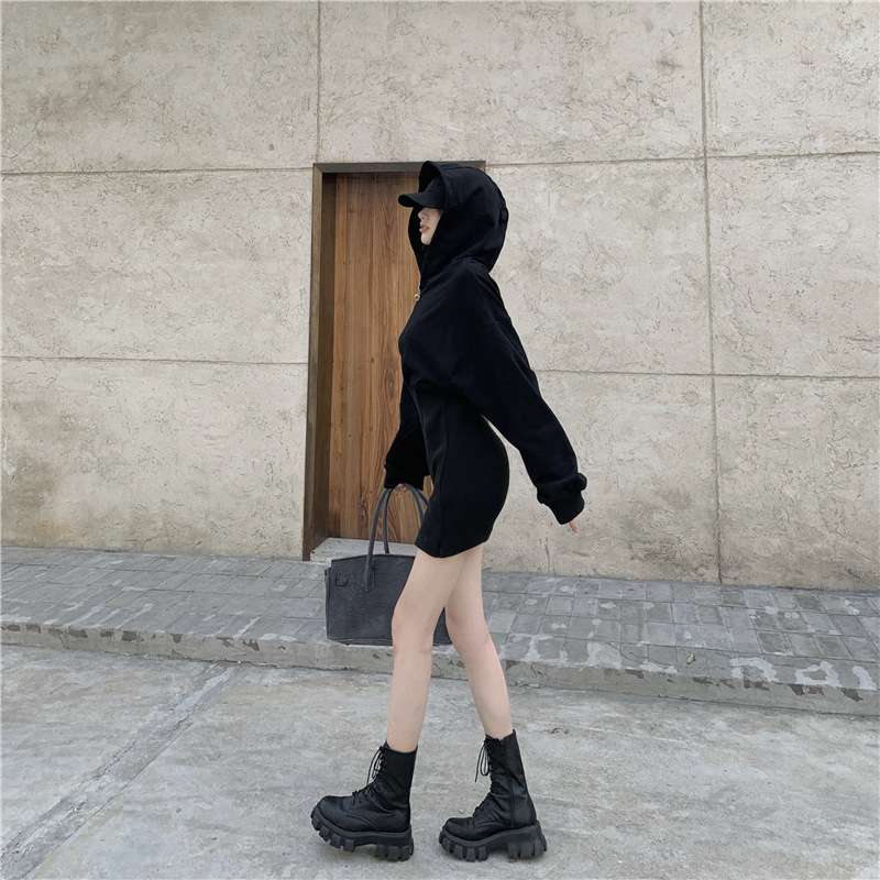 シンプルリブ切替パーカーミニワンピース