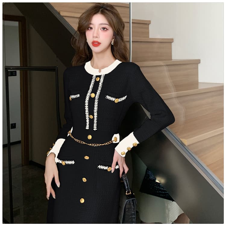 ミニワンピース バイカラーニットワンピース 膝上丈 春秋冬対応 女性用