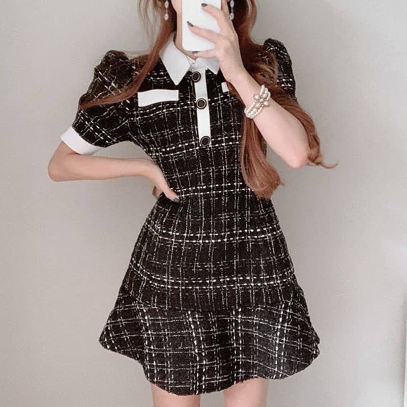 韓国風 モダンレトロ襟付きツイードミニワンピース 参戦服