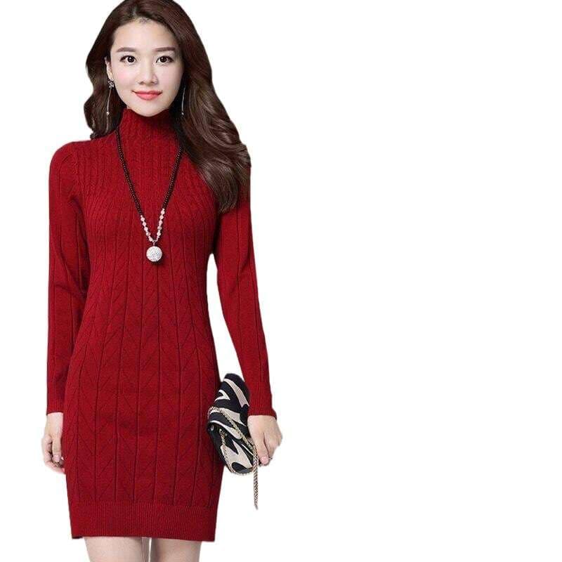 タートルネックリブ編みニットミニワンピース