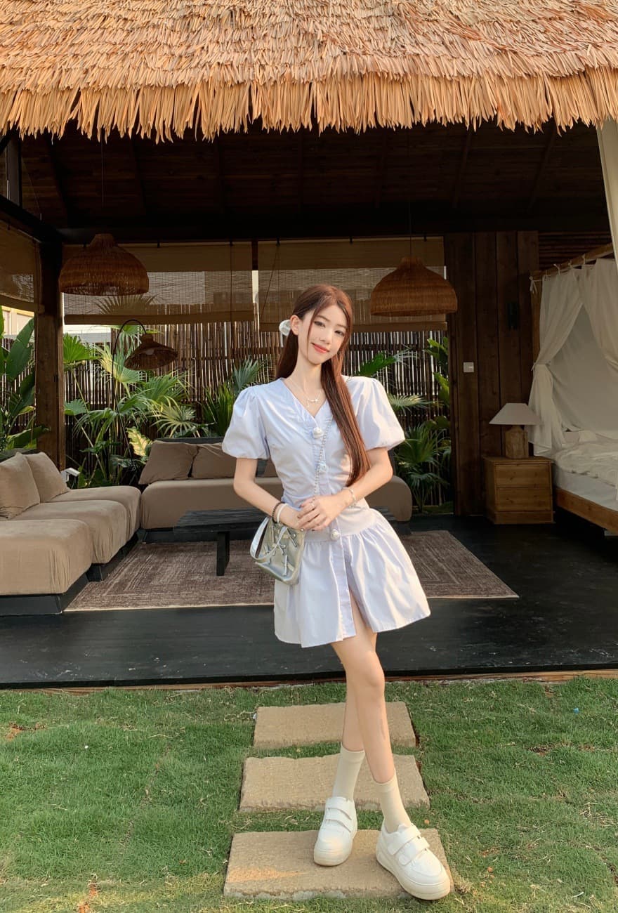 ミニワンピース ぽわん袖フロントボタンシャツミニワンピース