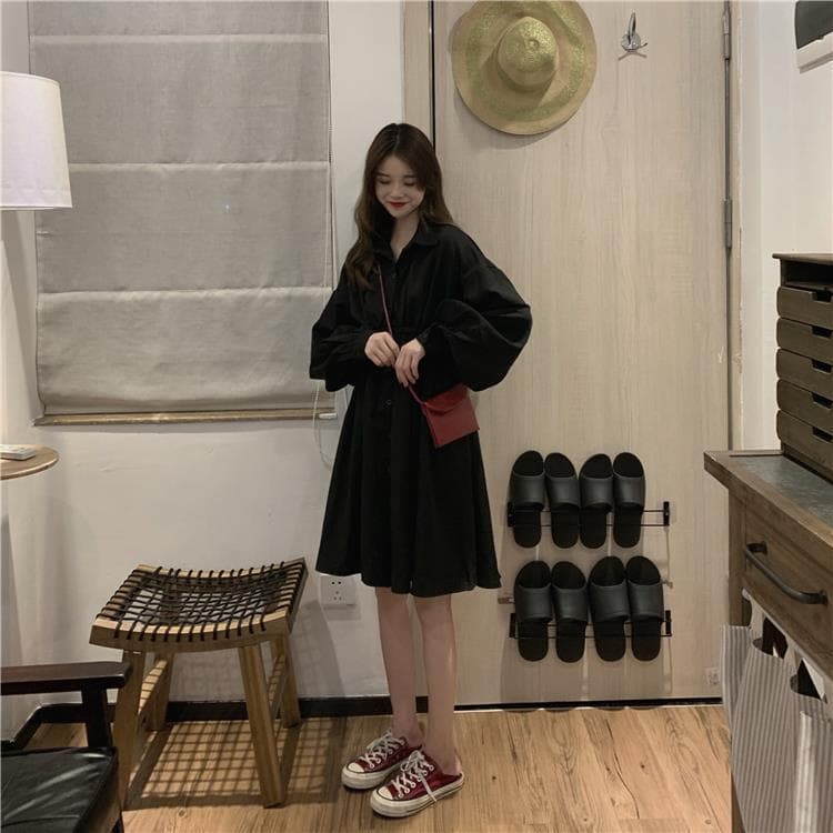 ギャザー調シャツミニワンピース