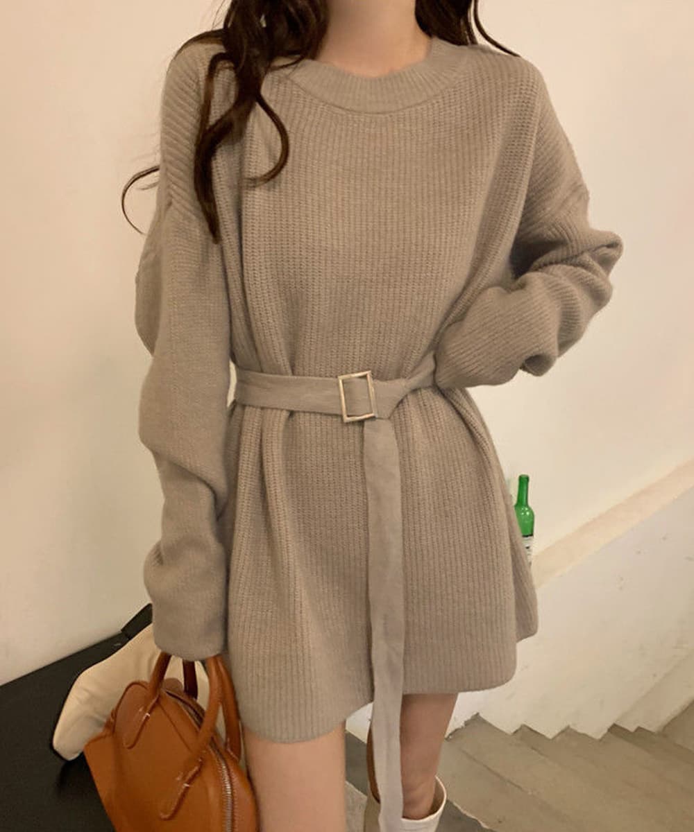 ミニワンピース ベルト付きリブニットワンピース長袖