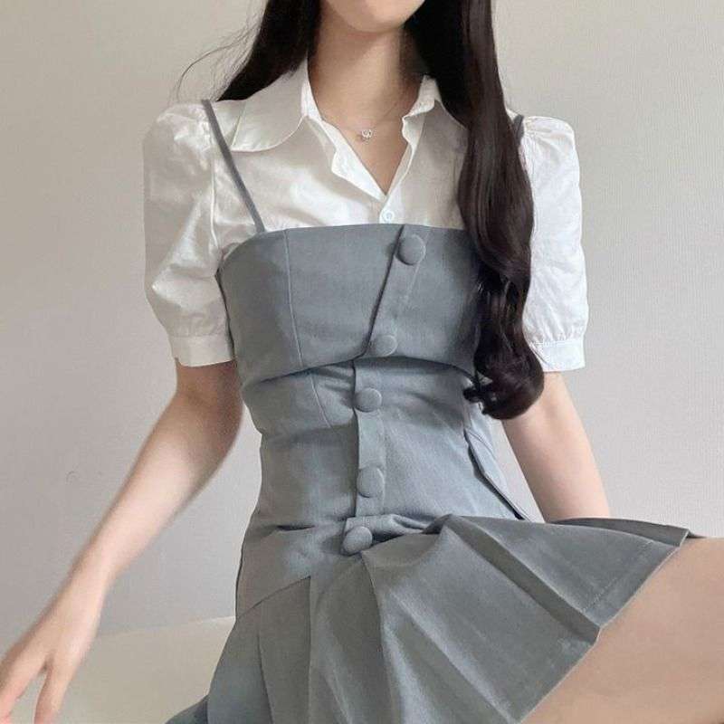 ミニワンピース アシンメトリープリーツキャミワンピース