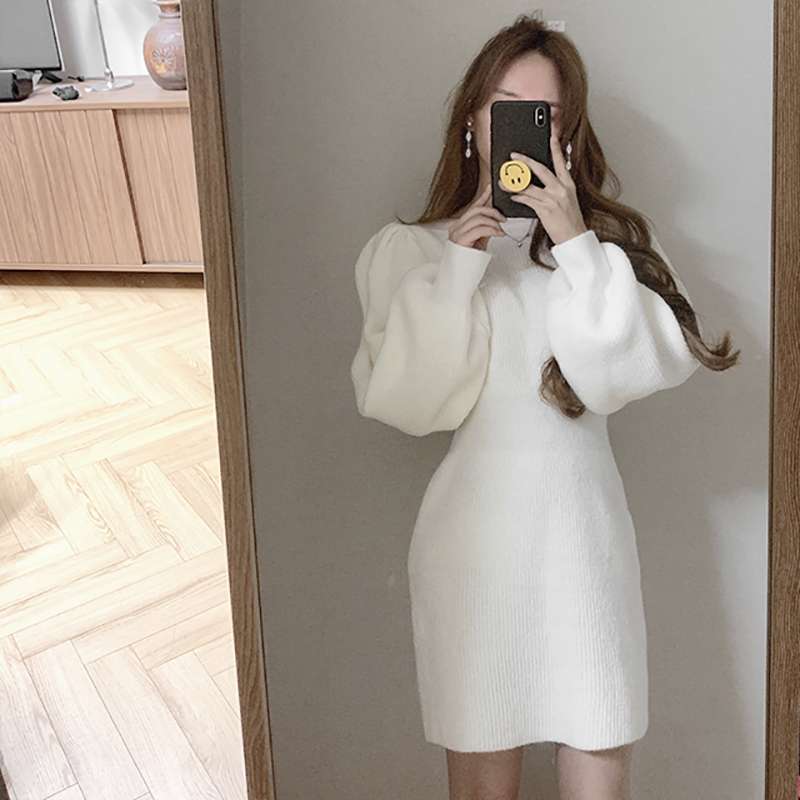 ふんわり袖のリブニットミニワンピース