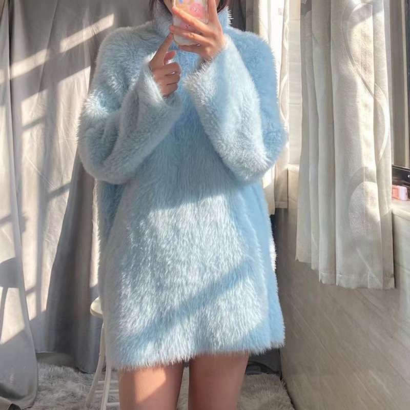 ミニワンピース ふわもこ タートルネックニットワンピ ゆったりシルエットサイズ