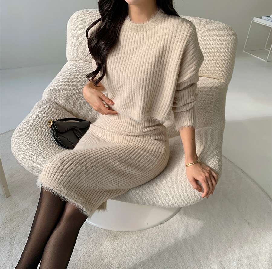 ミニワンピース リブ編みセットアップニットワンピース