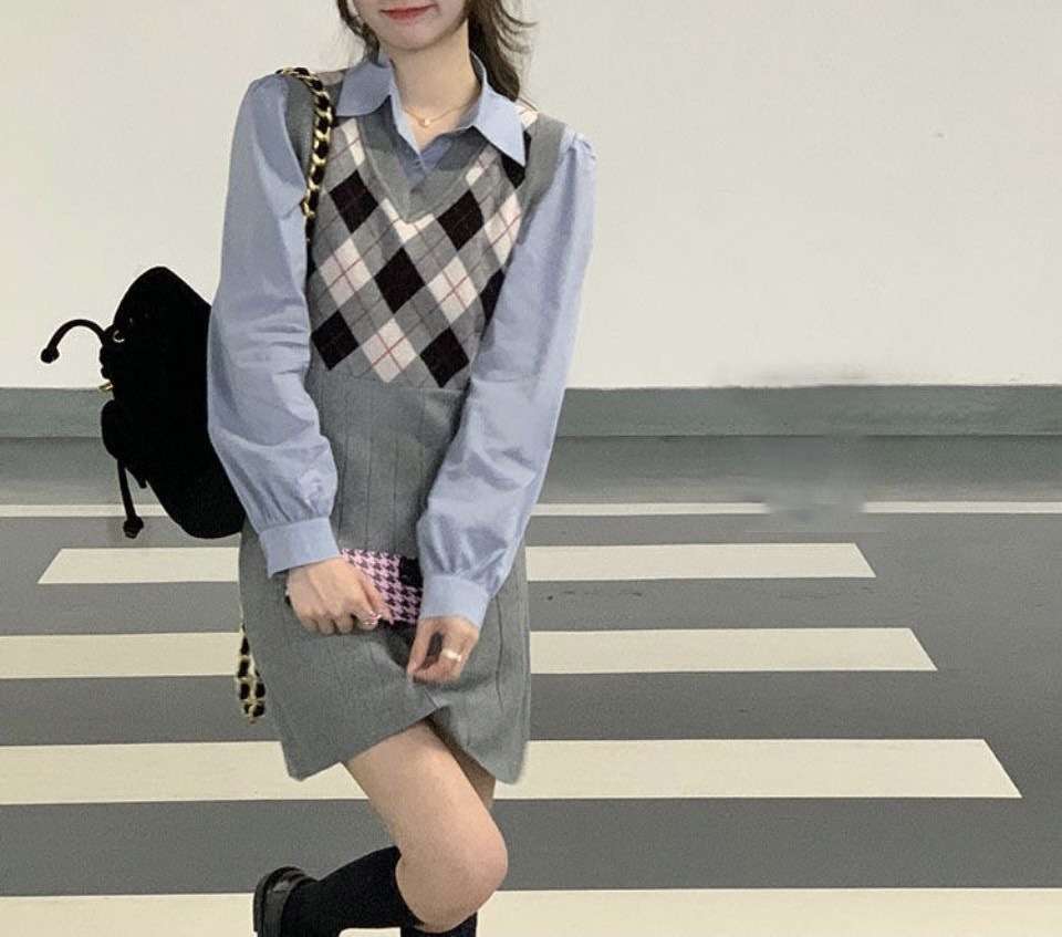 チェック柄ベスト付きシャツミニワンピース