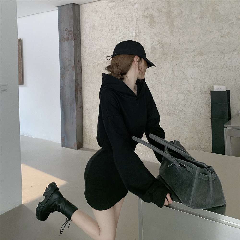 シンプルリブ切替パーカーミニワンピース