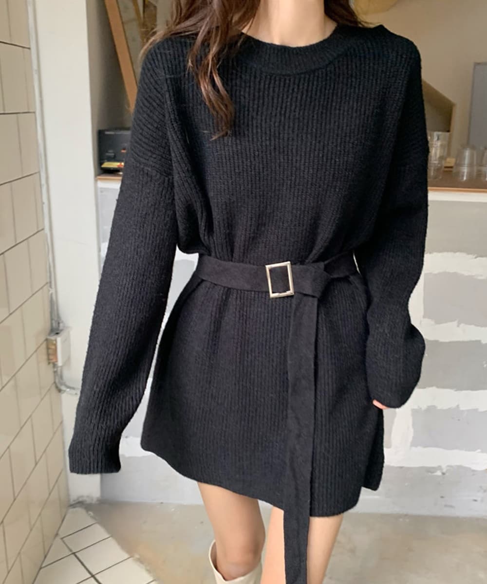 ミニワンピース ベルト付きリブニットワンピース長袖