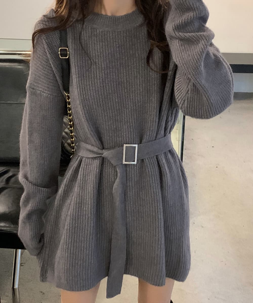 ミニワンピース ベルト付きリブニットワンピース長袖
