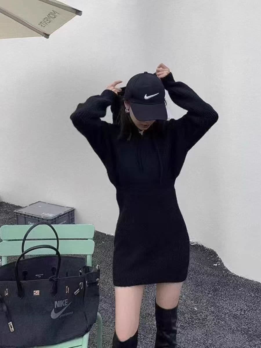 フード付きリブニットミニワンピース