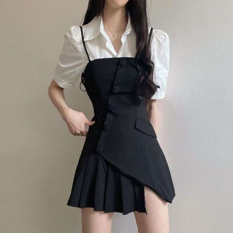 ミニワンピース アシンメトリープリーツキャミワンピース