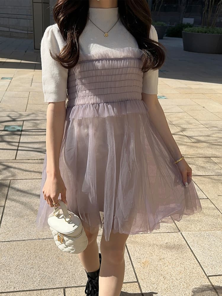 ミニワンピース ふんわりチュール セットミニワンピース