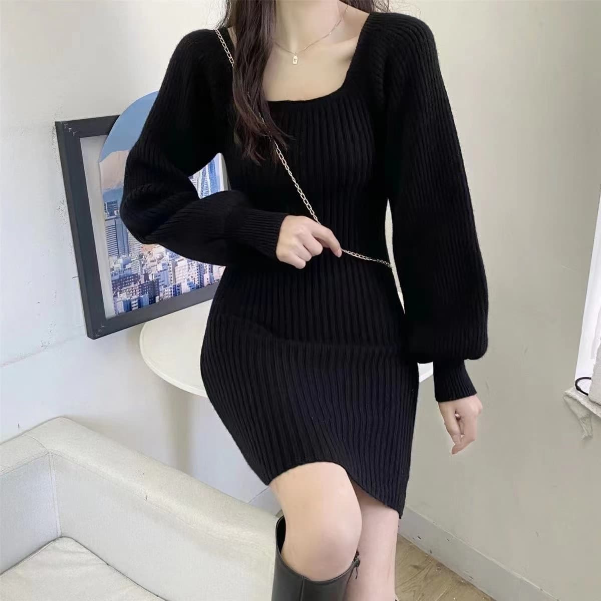 大人可愛いパフスリーブリブニットミニワンピース