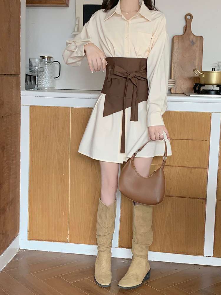 ミニワンピース レトロ風リボン付きシャツワンピース