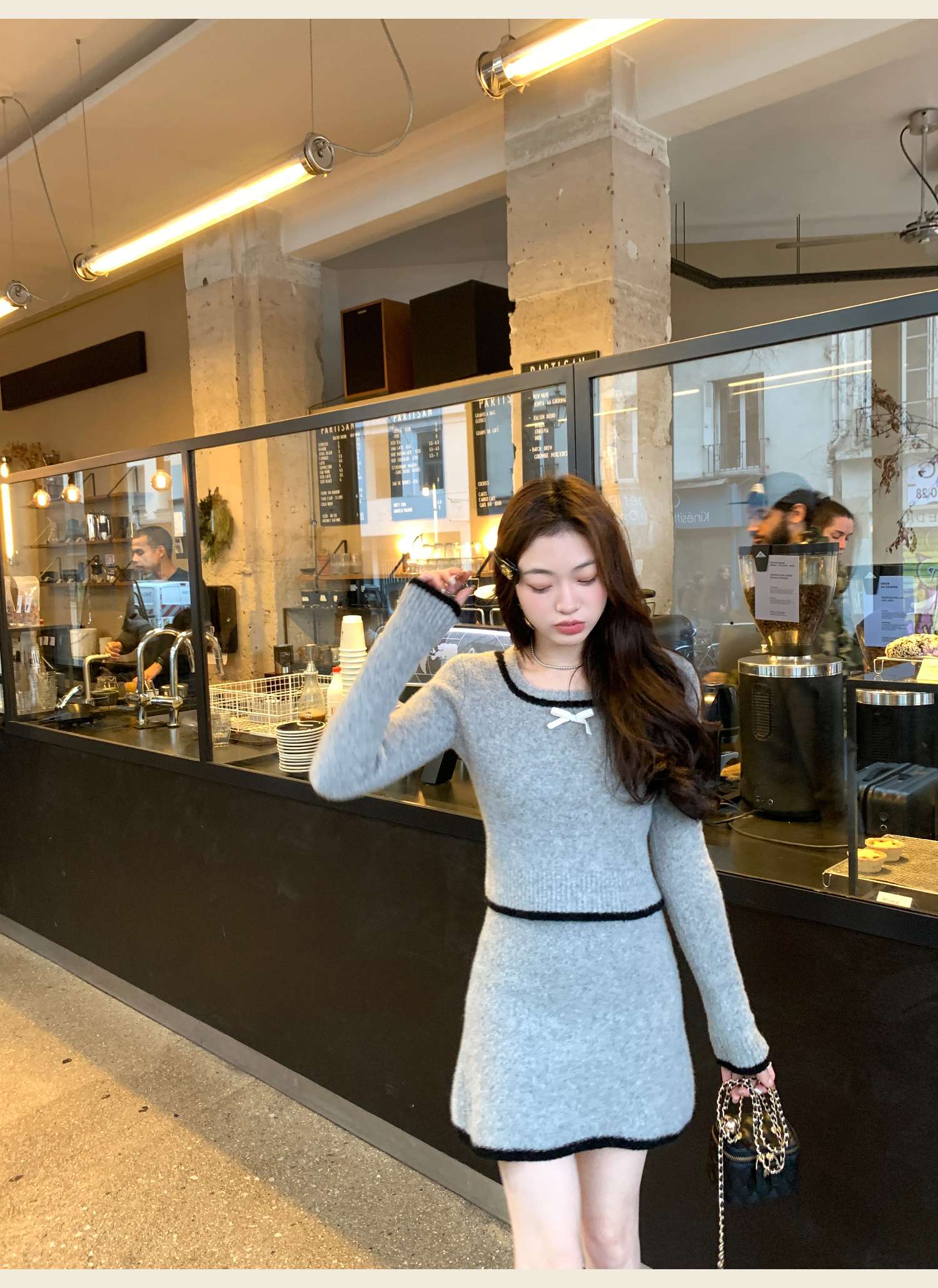 リボン付き ニットミニワンピース