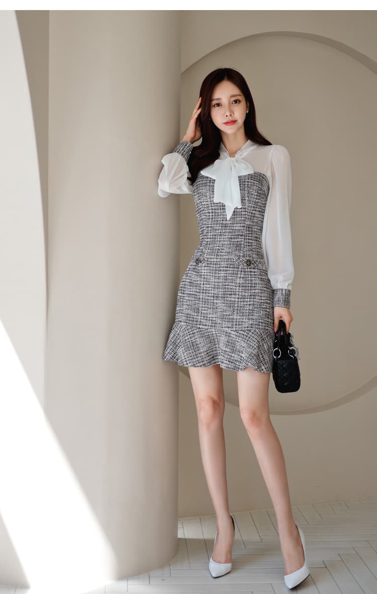 ミニワンピース シフォン袖リボンツイード