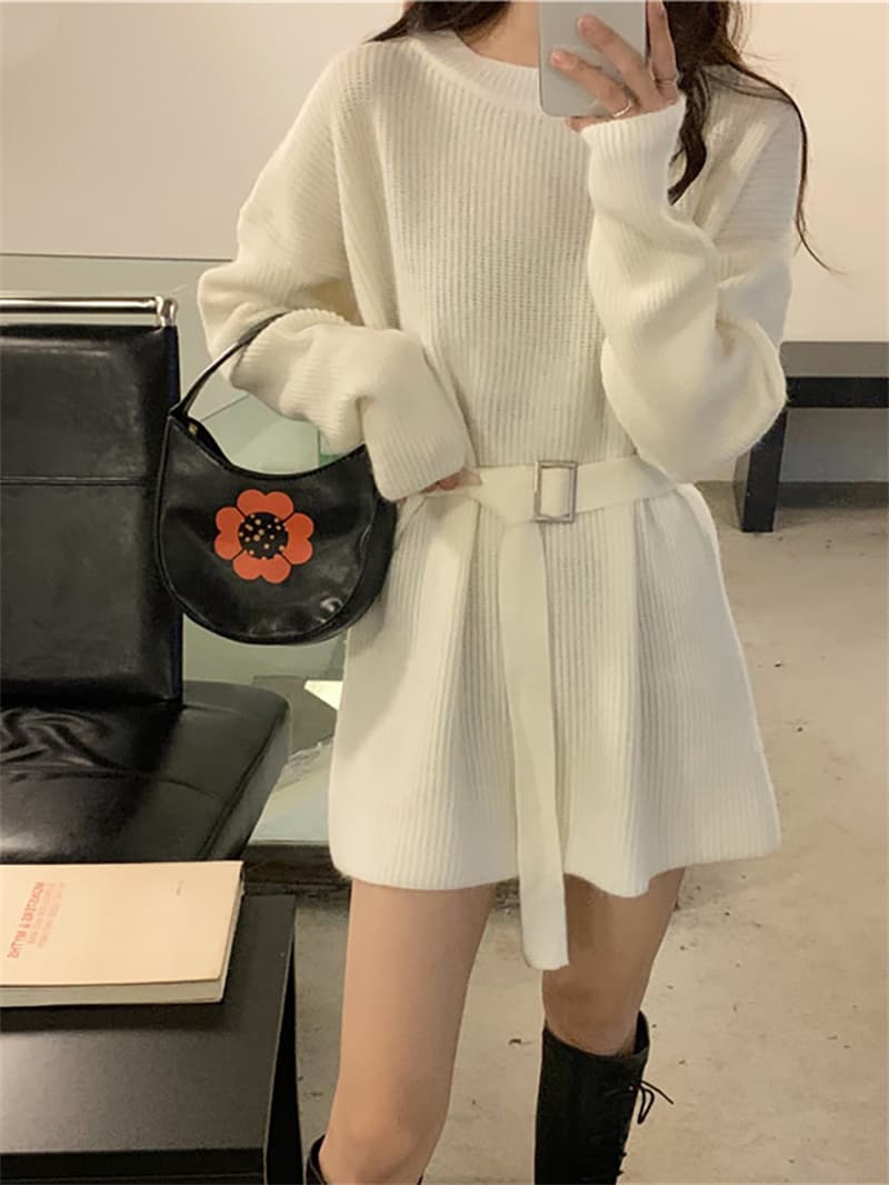 秋冬新作 丸首ベルト付きニットミニワンピース